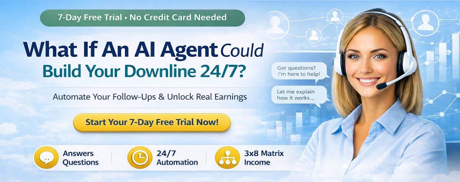 AI automation banner showing a friendly virtual assistant and a yellow call-to-action button that says “Start Your 7-Day Free Trial Now,” promoting an AI system that helps build a downline with 24/7 follow-ups and a 3×8 matrix income structure.